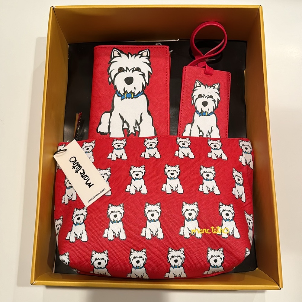 Marc Tetro Travel Set Westie Dog Cosmetic Makeup Bag Luggage Tag Passport Wallet